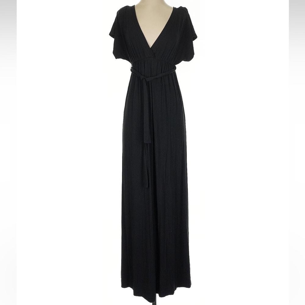 J. Crew Classic V-Neck Black Stretchy Belted Ruched Maxi Dress Women’s Size XXS